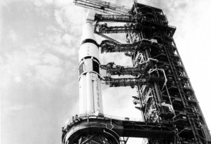 1973 photo of a Chrysler-built Saturn 1B rocket.