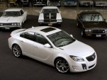 A 2012 Buick Regal GS in front of a 1963 Riviera, 1970 GSX and 1987 GNX