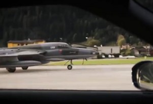 A 2014 Nissan GT-R races a Hawker Hunter fighter jet