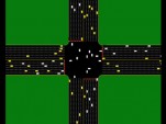 A computer image of autonomous cars at an intersection.
