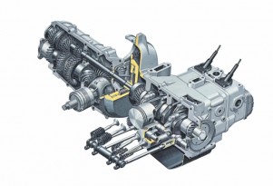 A cutaway view of Subaru's boxer engine