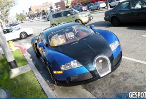 A golden retriever sits in the passenger seat of a Bugatti Veyron in L.A. 