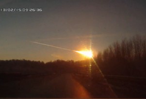 A meteorite streaks across the sky near Chelyabinsk, in the Russian Urals