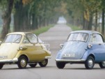 A pair of classic Isetta mini-cars