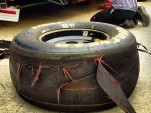 A shredded rear tire from Carl Edwards Sprint Cup car, posted to Instagram by Tanner Foust 