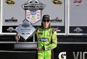 Danica Patrick poses with her Sprint Cup pole award - image: Stewart-Haas Racing