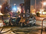 Dodge Neon SRT-4 burns after striking gas pump. Photo Suffolk County Sheriff via NY Daily News.