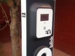 ECOtality Blink charging station, showing sticker on the side with 800 number