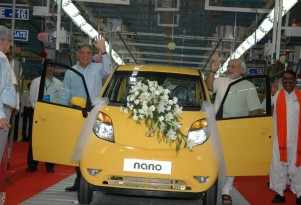 First Tata Nano rolls out of new Sanand factory on June 2, 2010, with founder Ratan Tata at left