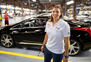 IndyCar driver Simona de Silvestro at the 2014 Cadillac ELR production line