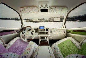 Interior of Cadillac Escalade in faux Murakami fabric (photo by Luis Gispert)