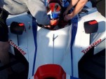 James Hinchcliffe gets belted in by the Newman/Haas crew. Photo courtesy TZ @ NHR