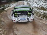 Ken Block launches during practice at the M-Sport proving grounds