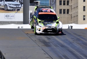 Ken Block's Ford Fiesta barely clears the ramp - Anne Proffit photo