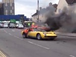 Lamborghini Miura P400 SV on fire on a London street