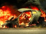 Nissan GT-R englufed by flames after crash
