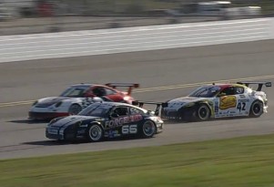 Porsche 911 GT3 Cup cars dice with a Mazda RX-8 at Daytona