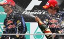 Red Bull's Sebastian Vettel and Mark Webber on the podium at the 2010 Malaysian Grand Prix