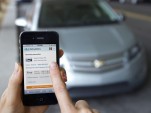 Relay Rides smartphone app for car sharing, with 2012 Chevrolet Volt in background