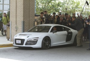 Robert Downey Jr., as Tony Stark, drives the Audi R8 e-tron - image: Audi