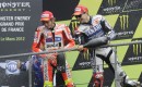Rossi and Lorenzo celebrate on the Le Mans podium - Bridgestone photo