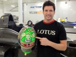 Tagliani with his helmet at the BHA shop - Photo courtesy Bryan Herta Autosport
