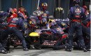 The Red Bull Racing Formula One team executes a pit stop