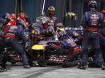 The Red Bull Racing Formula One team executes a pit stop