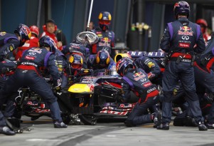 The Red Bull Racing Formula One team executes a pit stop