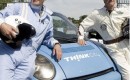 The Think City racer, with Kevin McCloud (left) and Roger Saul (right)
