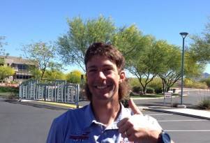 Travis Pastrana wearing a mullet given by Jimmie Johnson