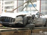 Wreckage of Aston Martin One-77 that crashed in Hong Kong - Image courtesy Weibo