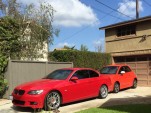 2007 BMW 335i and 2015 Fiat 500e electric car in driveway, May 2015  [photo: Chris Baccus]